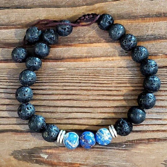 Chakra Bracelet Blue Aqua Terra Jasper and Lava - Picture 6 of 7